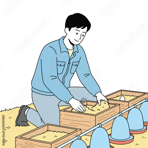 Flat vector illustration of a farmer preparing chicken nests, suitable for poultry farming and egg production.