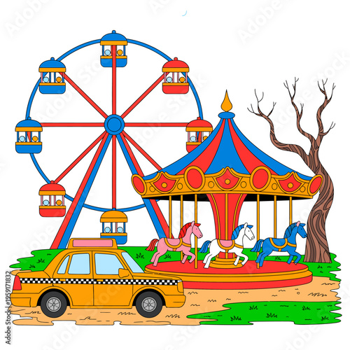 Colorful cartoon illustration of amusement park with ferris wheel and merrygoround  taxi