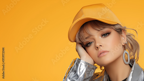 Young woman with trendy hat and stylish attire posing with thoughtful expression against yellow backdrop