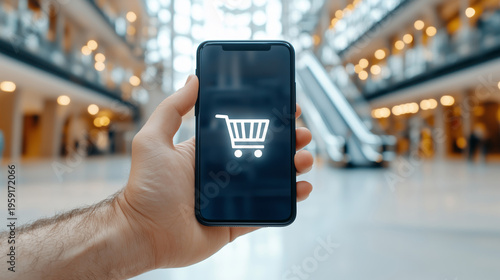 Hand Holding Smartphone With Shopping Cart Icon in Modern Retail Environment