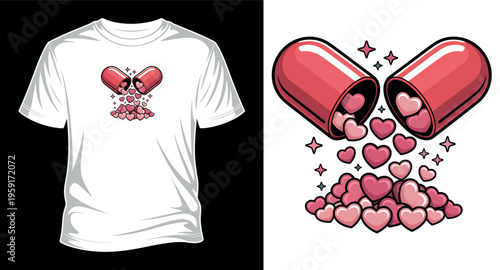 Cute cartoon pill capsule opening with falling pink hearts for t-shirt design graphics vector art print templet