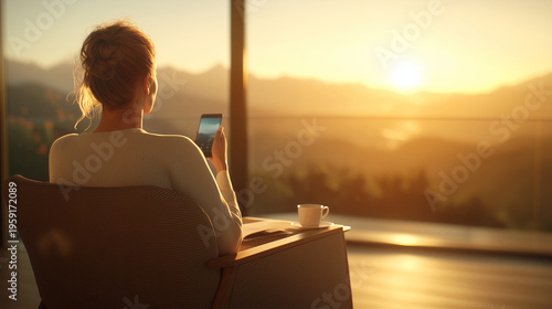Woman Enjoys Scenic Sunset View While Using Smartphone in Cozy Indoor Setting with Mountain Landscape