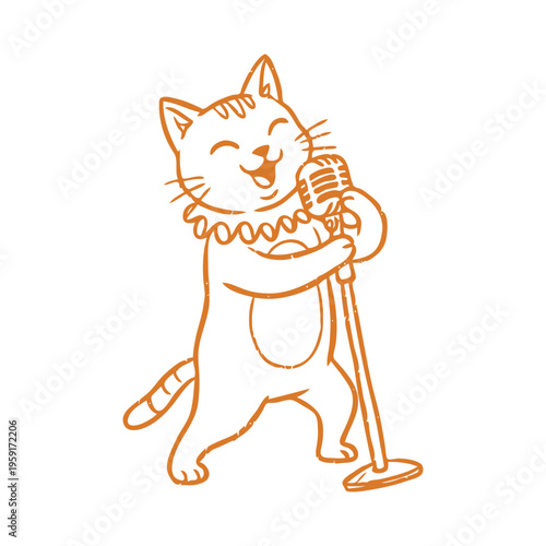 Flat line illustration of a cute cat singing with a microphone, suitable for music, entertainment, and fun character design.