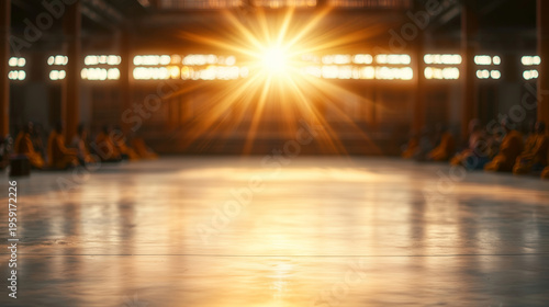 Serene Buddhist Temple Interior with Rays of Sunlight Illuminating Peaceful Monks in Meditation During Sunrise