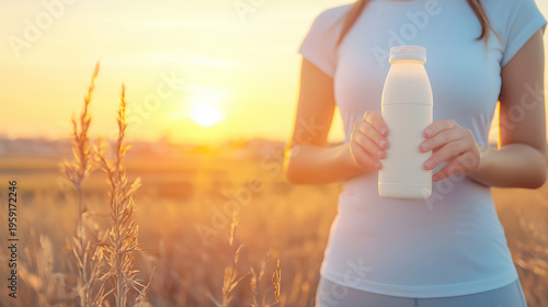 Woman Holding a Bottle of Milk at Sunset in a Field Surrounded by Golden Grass and Warm Light