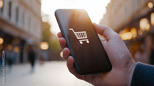 Hand Holding Smartphone with Shopping Cart Icon on Screen on a Busy Street During Sunset