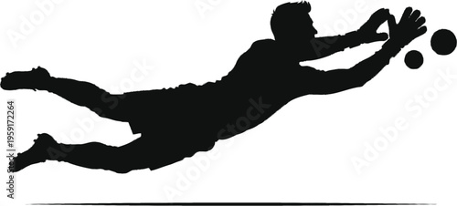 Silhouette of a soccer goalkeeper diving to save a ball
