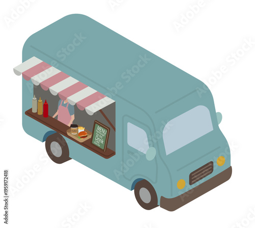 Isometric Food Truck Illustration Serving Street Food and Coffee