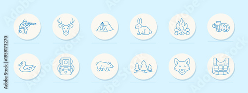Outdoor hunting set icon. Minimal blue outline badges with rifle shooter, deer head, camping tent, rabbit, campfire, camera, duck, backpack, bear, pine trees, fox face, utility vest.