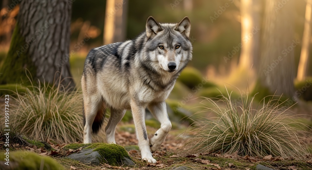 Obraz premium Gray wolf walking in a sunlit autumn forest, looking at camera