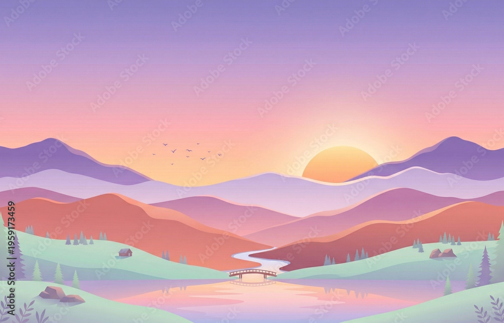Obraz premium Beautiful mountain landscape with river at sunset in pastel vector art style