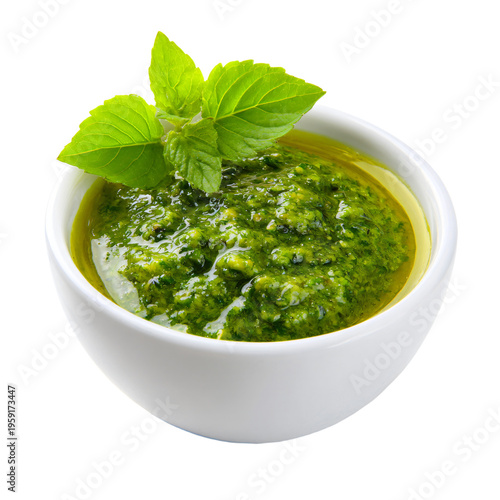Vivid Fresh Green Pesto Sauce in Bowl Close Up Food Photography