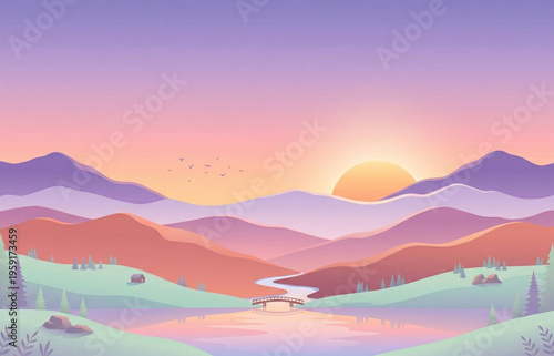 Beautiful mountain landscape with river at sunset in pastel vector art style