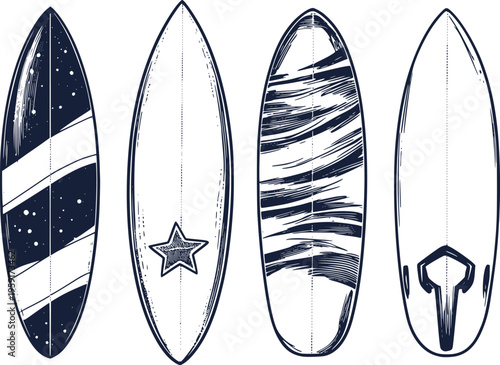 Set of Hand Drawn Vintage Surfboard Illustrations Vector Design