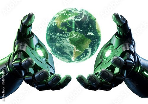 Futuristic Cyborg Hands Holding a Glowing Green Earth Globe Concept