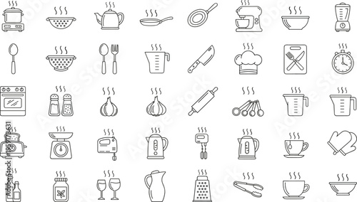 Kitchen utensil and cooking icon set with appliances and tools, minimal line vector illustration for food preparation, restaurant, kitchen design, modern outline graphic collection