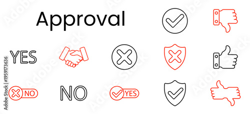 Approval feedback set icon. Check marks inside circles, cross symbols, shield badges, handshake gesture, thumbs up, thumbs down, yes, no labels in red, black outline style.