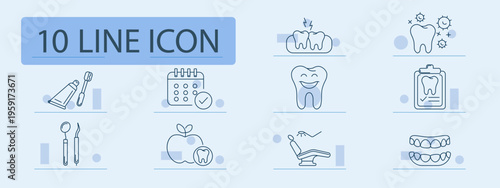 Dentistry set icon. Outline dental care symbols, aching tooth, bacteria tooth, calendar check, toothpaste brush, apple tooth badge, dentures, dental tools, smiling tooth, chair unit, mouthwash bottle.