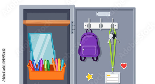 School Locker, Open Locker, Educational Illustration, Vector Lockers
