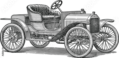 Vintage antique car engraving illustration, classic early automobile detailed black and white line art for retro transport, history, mechanical design and collectible artwork use