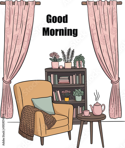 Cozy morning interior illustration featuring an armchair, bookshelf, floral curtains, hot tea, and good morning text on white background.