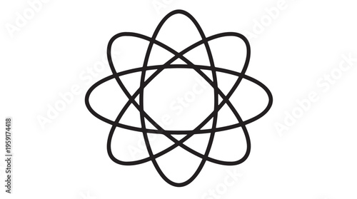 Black atom symbol, atomic structure icon, science logo, vector graphic