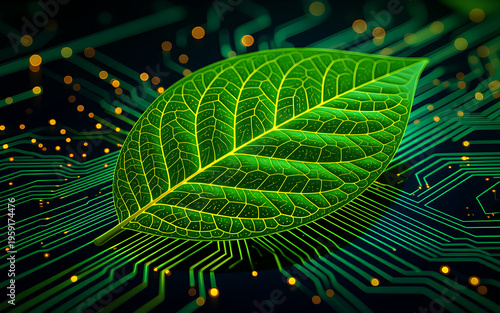 Green Leaf with Glowing Veins Integrated into Electronic Circuit Board