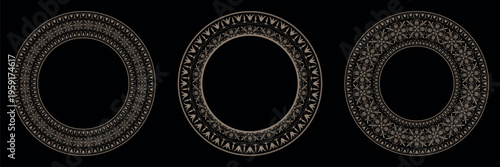 Set of decorative gold round frames for design with Greek floral key, meander. Circle frame. Egyptian, Assyrian, Greek motif circular frame. Template for textile, engraving, forging, embroidery, plate