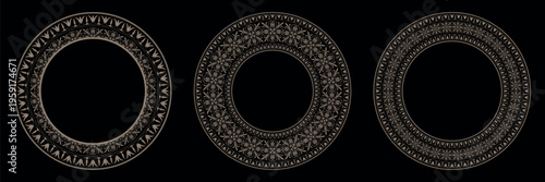 Set of decorative gold round frames with Greek key, anthemion, meander, palmettes. Circle frame. Egyptian, Assyrian, Greek motif. For design textile, engraving, embroidery, plate, design. Vector