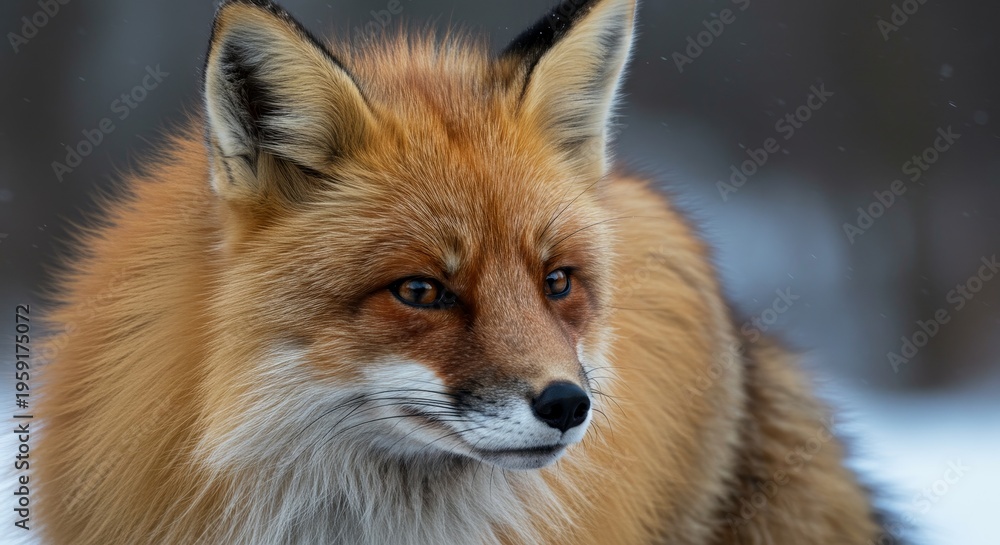 Fototapeta premium Red fox close up looking away. Wild animal natural behavior. Nature and wildlife conservation concept for environmental protection.