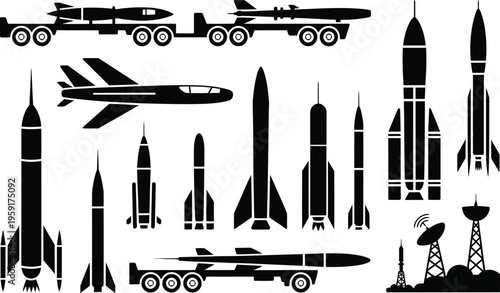 Space rocket and military missile vector illustration set, aerospace technology icons with shuttle launch vehicle and ballistic weapon silhouettes for defense industry design and engineering graphics.
