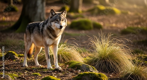 Gray wolf standing in a sunlit forest, looking alert