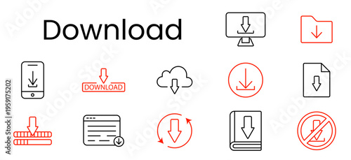 Download set icon. Outline pictograms, monitor, folder, smartphone, download label, cloud arrow, circle arrow, document arrow, server stack arrow