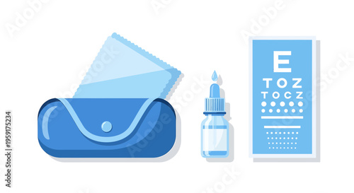 Eye care, contact lens, solution and case, optometry tools, blue medical icons