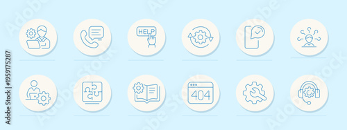 Customer support service set icon. Minimal line badges, operator laptop, phone handset, help button, gear cycle, chat bubble, user nodes, puzzle screen, manual book, error 404, settings, headset.