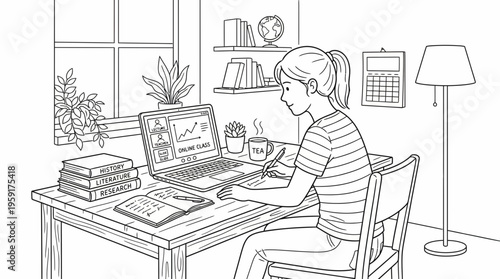 Engaged young woman studying remotely at home, focused on online learning and schoolwork
