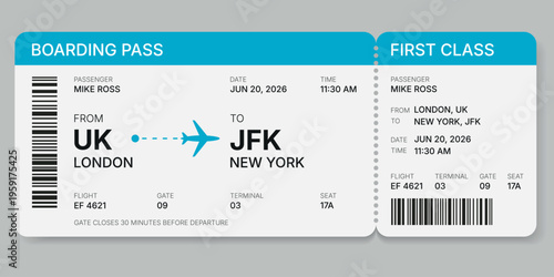 Blue Travel Boarding Pass Design. Vector Airline Ticket Template with Barcode
