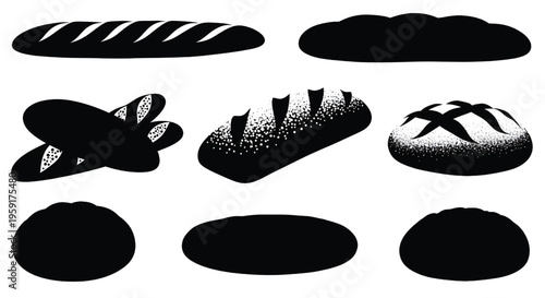 A collection of various bread shapes and types in black silhouette on a white background,