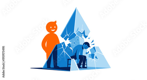 Businessman standing beside a broken ice pyramid with another person trying to fix it