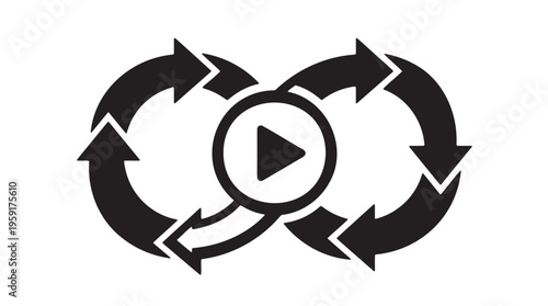 Black play button icon with circular arrows, media control symbol, playback loop, vector graphics
