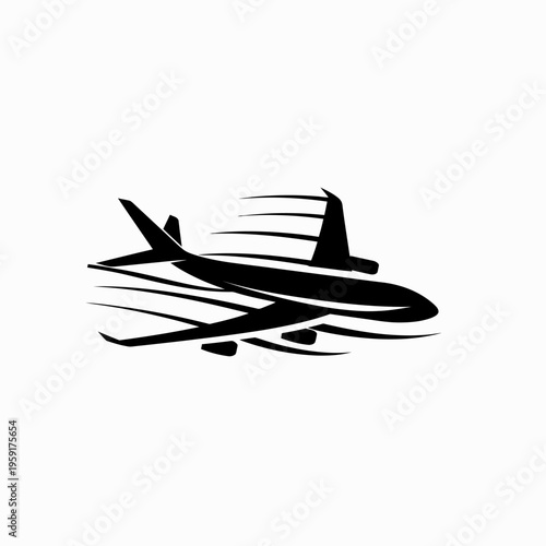 Airplane silhouette with motion trails representing flight and speed
