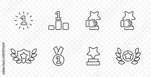 Achievement set icon. First place symbol, podium, star reward, award badge, medal, trophy stand, success, victory, leadership, excellence