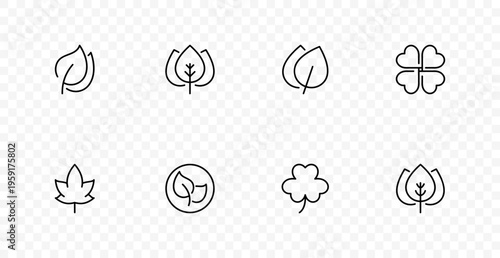 Nature leaf set icon. Eco symbol, plant growth, organic shape, clover luck, maple leaf, green badge, natural care, environment concept