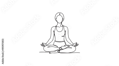 Meditating woman, yoga pose, mindfulness illustration, line art