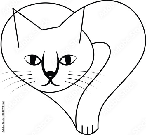 Minimalist black and white line art illustration of a cat shaped like a heart for pet lovers