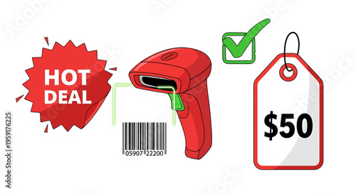 Barcode scanner, price tag, discount label, retail shopping icons, vector