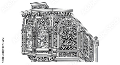 Ornate Gothic Pulpit with Intricate Carvings and Religious Scene Illustration