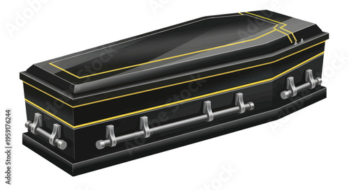 Ornate Black Coffin with Gold Trim and Silver Handles, Funeral Casket Isolated