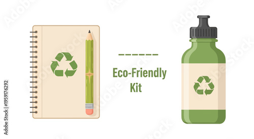 Eco friendly kit, sustainable stationery set, green reusable bottle, recyclable notebook