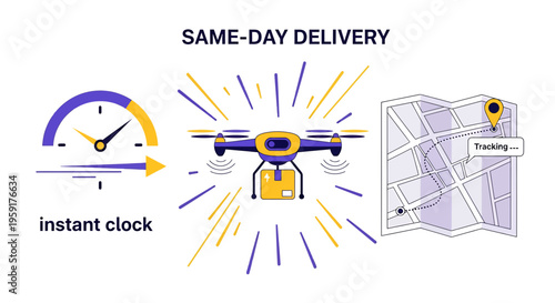 Drone delivery, same-day shipping, instant clock icon, logistics symbol, rapid transport vector